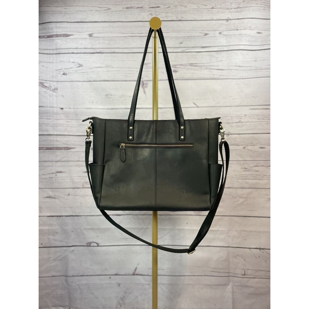 S-ZONE Vintage Genuine Distressed Black Leather Briefcase Tote Bag Large